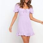 Short Sleeve Square-neck Plaid Ruffled-hem Mini Dress