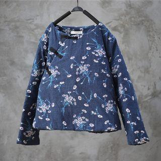 Long-sleeve Floral Print Cheongsam Top Flowers - Blue - One Size