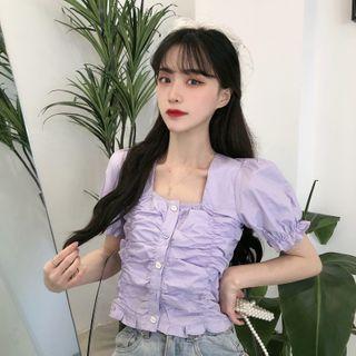 Puff-sleeve Ruched Square-neck Top