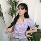 Puff-sleeve Ruched Square-neck Top