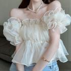 Puff-sleeve Off Shoulder Mesh Blouse Almond - One Size