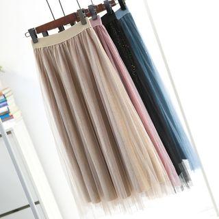 Mesh Overlay Glitter Velvet Skirt