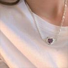 925 Sterling Silver Heart Necklace 925 Silver Necklace - Purple Rhinestone - Silver - One Size