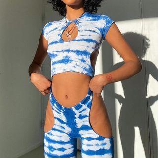 Set: Cap-sleeve Tie-dye Cutout Crop Top + Bout-cut Pants