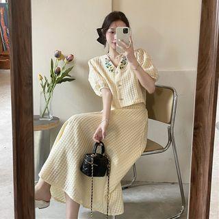 Set: Short-sleeve Embroidered Button Blazer + Midi A-line Skirt Set Of 2 - Blazer & Skirt - Off-white - One Size
