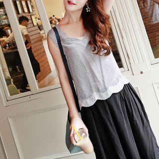 Sleeveless Scalloped-trim Stripe Silk Top