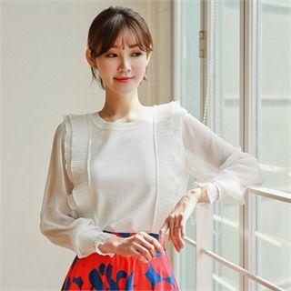 Sheer-sleeve Ruffle-trim Top