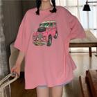 Car Print Loose-fit Short-sleeve T-shirt Pink - One Size