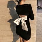 Square-neck Bow Cutout-back Mini Bodycon Dress