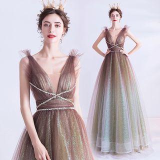 Sleeveless Glitter Mesh A-line Gown
