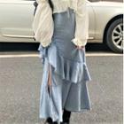 Long-sleeve Cropped Blouse / Ruffled Midi A-line Skirt