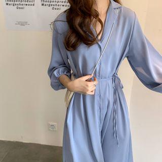 Tie-waist 3/4-sleeve Midi Shirt Dress