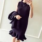 Set: Ruffle Hem Sleeveless Knit Dress + Cardigan