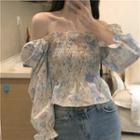 Off-shoulder Flower Print Blouse White - One Size