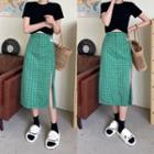 Short-sleeve Knotted Crop T-shirt / Plaid Midi A-line Skirt