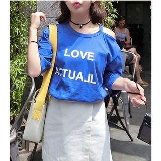 Lettering Elbow Sleeve Cutout T-shirt