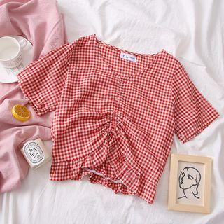 Ruched Checked Crop Blouse Red - One Size
