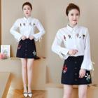 Set: Embroidered Long-sleeve Shirt + A-line Skirt