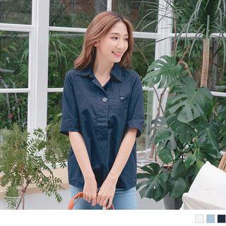 Short-sleeve Single-button Plain Shirt