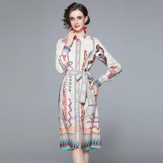 Long-sleeve Print Tie-waist A-line Dress