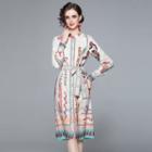 Long-sleeve Print Tie-waist A-line Dress