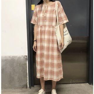 Plaid Short-sleeve A-line Midi Dress Light Tangerine - One Size