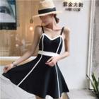 Contrast Trim Strappy A-line Knit Dress Black - One Size