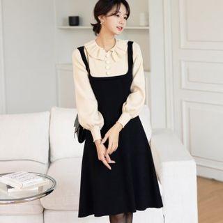 Frill-collar Mock Two-piece Midi Knit Dress Black - One Size