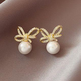 Bow Rhinestone Faux Pearl Earring 1 Pair - Stud Earring - Silver Needle - Gold - One Size