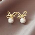 Bow Rhinestone Faux Pearl Earring 1 Pair - Stud Earring - Silver Needle - Gold - One Size