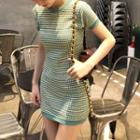 Short-sleeve Jacquard Knit Mini Dress Green - One Size
