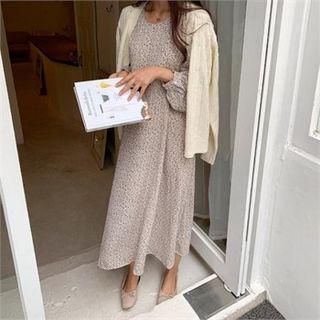 Round-neck Floral Print Midi Dress With Sash Beige - One Size