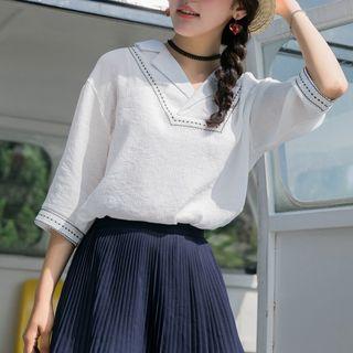 3/4-sleeve V-neck Chiffon Top White - One Size