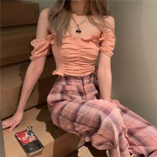 Off-shoulder Shirred Ruffled Blouse / Plaid Wide Leg Pants