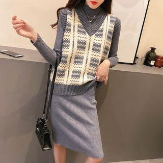 Set: Plaid Knit Vest + Sweater Dress