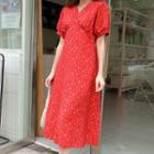 V-neck Patterned Dress Red - One Size