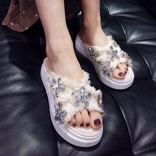 Rhinestone Fringed Platform Slide Sandals
