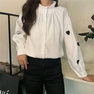Frill Trim Stand Collar Puff-sleeve Blouse