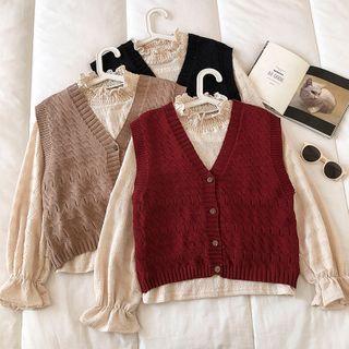 Set:long-sleeve Plain Blouse + V-neck Sleeveless Knit Vest