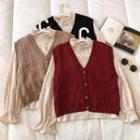 Set:long-sleeve Plain Blouse + V-neck Sleeveless Knit Vest