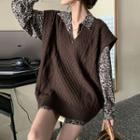 V-neck Knit Top / Long-sleeve Leopard Print Shirt