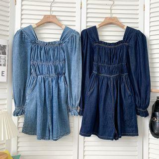 Square-neck Smocked Denim Playsuit