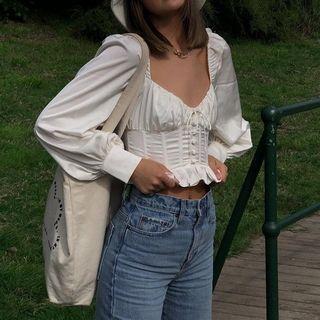 Long Sleeve Lettuce Trim Corset Top