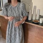 Puff-sleeve Lace Midi A-line Dress Gray - One Size