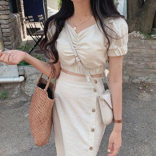 Puff-sleeve Shirred Cropped Top / High-waist Slim Fit Skirt