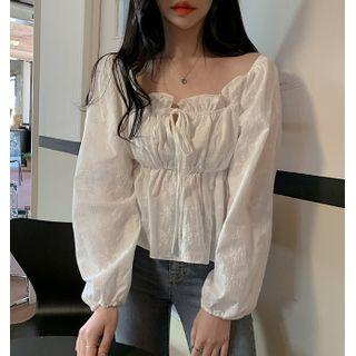 Long-sleeve Off-shoulder Plain Top White - One Size