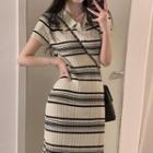Short-sleeve Striped Knit Midi Sheath Dress Stripes - Gray & White - One Size