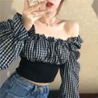 Off-shoulder Plaid Cropped Top As Shown In Figure - One Size