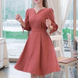 V-neck Tie-cuff Midi Flare Dress