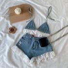 Set - Lace Trim Denim Shorts + Denim Suspender Top